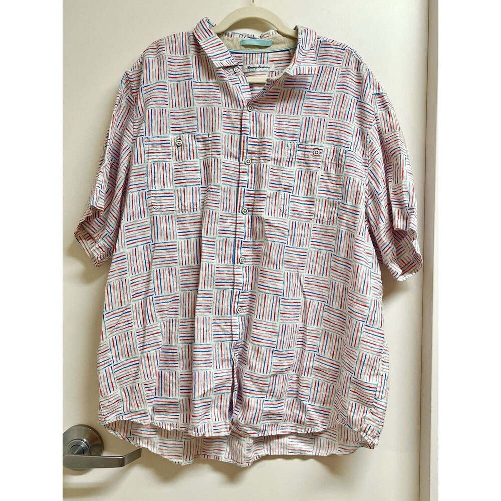 Tommy Bahama 100% Linen Camp Shirt Tribal Lines White Size 2XL